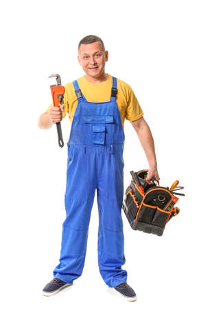 Handsome plumber on white backgroundの写真素材