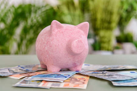 Piggy bank with banknotes on table. Money savings concept