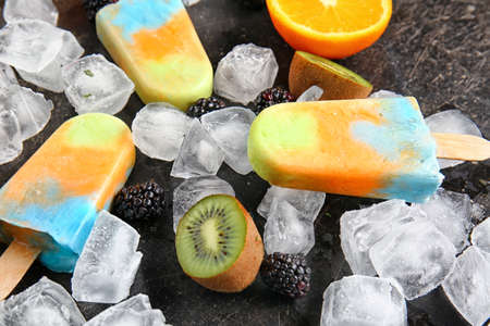 Tasty ice cream on dark backgroundの写真素材