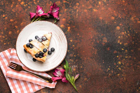 Piece of tasty blueberry pie on color backgroundの写真素材