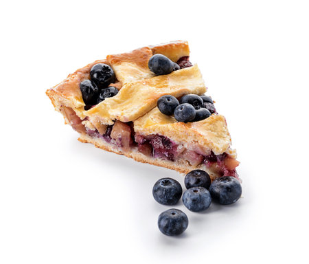 Piece of tasty blueberry pie on white backgroundの写真素材