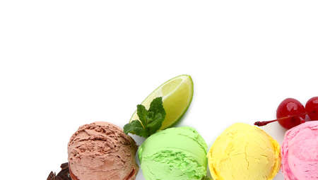 Assortment of tasty ice cream on white background