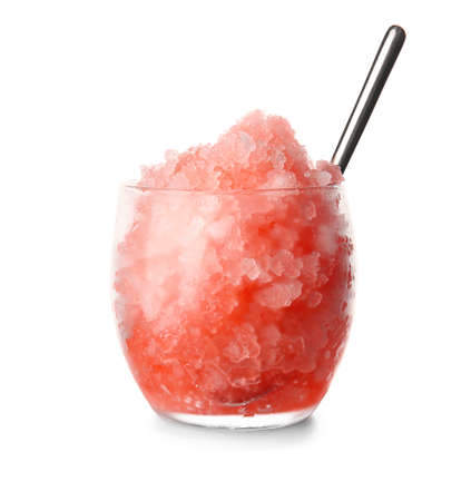 Glass with tasty shaved ice on white backgroundの写真素材