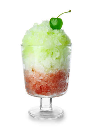 Glass with tasty shaved ice on white backgroundの写真素材