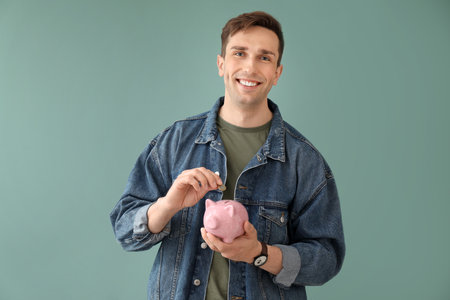 Young man with piggy bank on color backgroundの写真素材