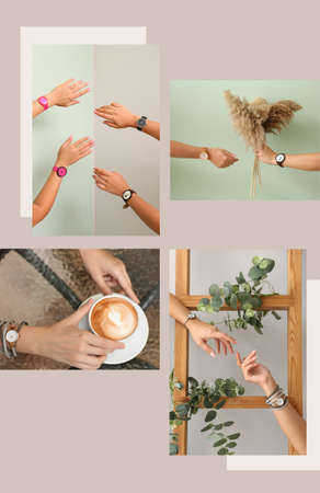 Collage of female hands with stylish wrist watches on gray backgroundの写真素材