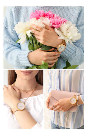 Collage of young woman and stylish wrist watchesの写真素材