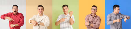 Collage of young man with wristwatches on color backgroundの写真素材