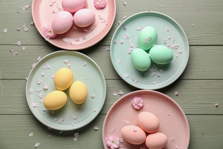 Plates with beautiful Easter eggs on wooden backgroundの写真素材