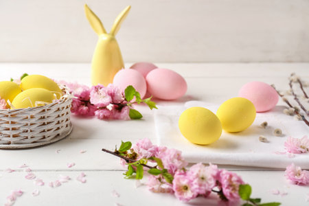 Beautiful Easter composition on white tableの写真素材
