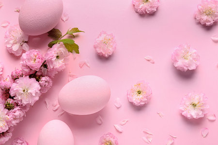 Beautiful Easter eggs with flowers on color backgroundの写真素材