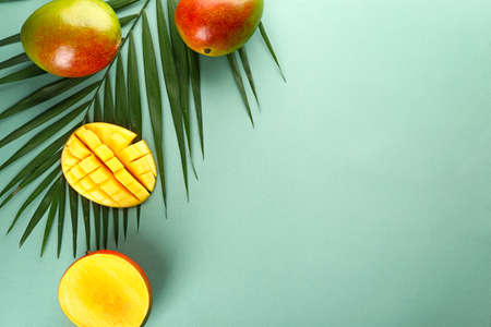 Tasty fresh mango with tropical leaf on color backgroundの写真素材