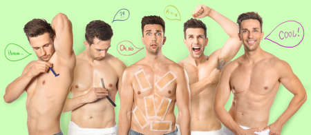 Collage of handsome young man undergoing different hair removal methods on color backgroundの写真素材