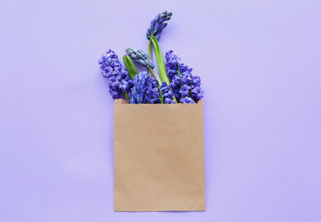 Bag with beautiful hyacinth flowers on color backgroundの写真素材