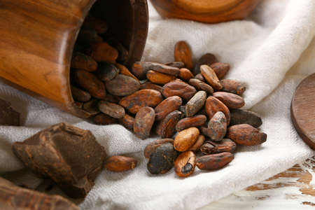 Scattered cocoa beans on tableの写真素材