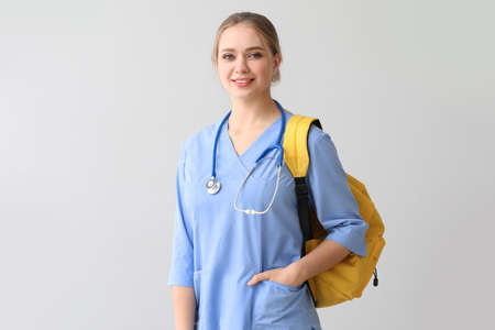 Student of medical university on gray backgroundの写真素材
