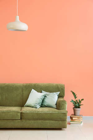 Cozy sofa near color wall in interior of living roomの写真素材
