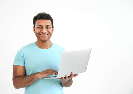 Happy man with laptop on white background