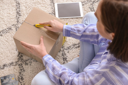 Young woman opening parcel at home