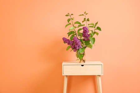 Beautiful lilac flowers in vase on table against color backgroundの写真素材