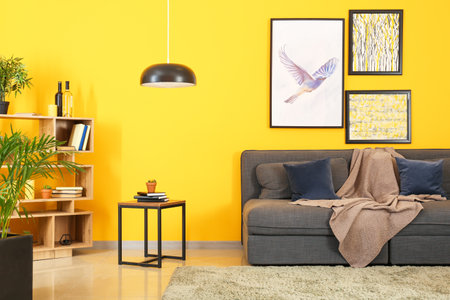 Stylish interior of living room near color wallの写真素材