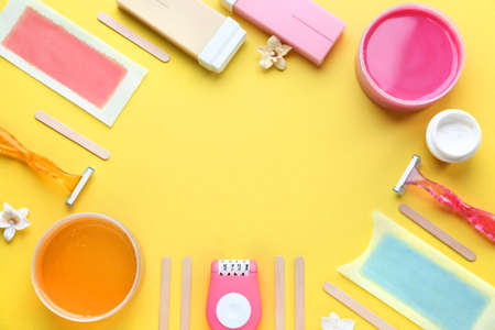 Set for hair removal on color backgroundの写真素材