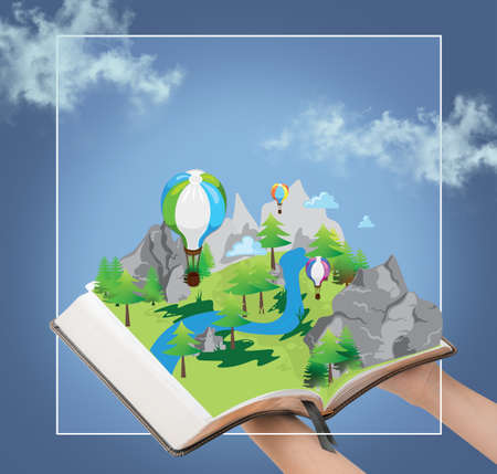Hands holding book with drawn magic world on color background