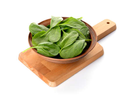 Bowl with fresh spinach on white backgroundの写真素材