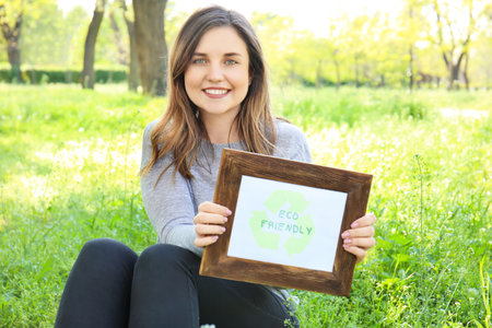 Young woman holding board with text ECO FRIENDLY outdoors