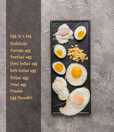 Different delicious egg recipes on grunge background