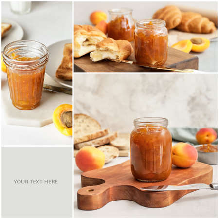 Collage of tasty apricot jam on table and space for textの写真素材