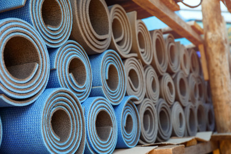 Carrymats on shelf in warehouseの写真素材