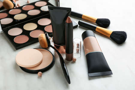 Set of cosmetics for contouring makeup on light backgroundの写真素材