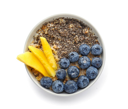 Bowl with tasty chia dessert on white backgroundの写真素材