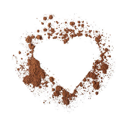 Heart made of cocoa powder on white backgroundの写真素材