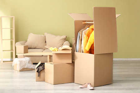 Wardrobe boxes with clothes in room