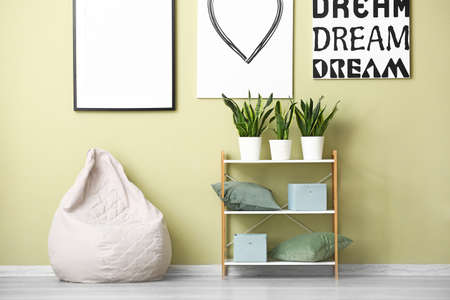 Comfortable beanbag and shelf unit near color wall