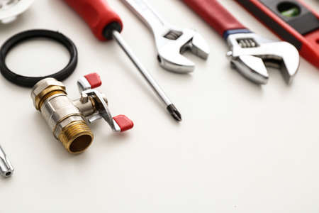 Plumbing items on white backgroundの写真素材