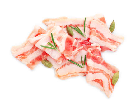 Raw bacon strips on white backgroundの写真素材