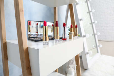 Shelf with cosmetics in modern makeup roomの写真素材