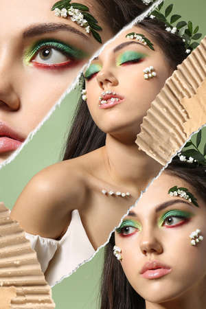 Creative collage of beautiful young woman with spring makeupの写真素材