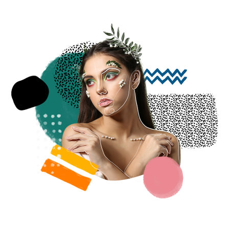 Creative portrait of beautiful young woman with spring makeup on white backgroundの写真素材