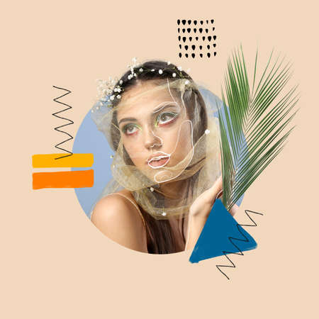 Creative portrait of beautiful young woman with spring makeup on color backgroundの写真素材