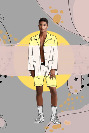 Creative collage of stylish young African-American man on color backgroundの写真素材