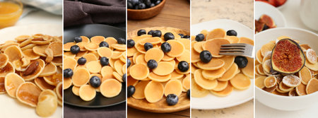 Collage of plates with tasty mini pancakesの写真素材