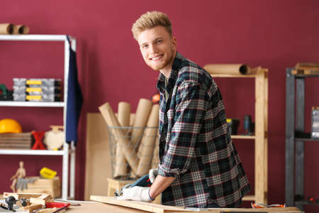 Portrait of male carpenter in workshopの写真素材