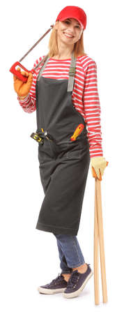 Female carpenter on white background