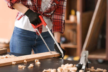 Female carpenter working in shopの写真素材