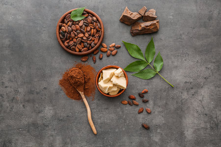 Different cocoa products on gray background