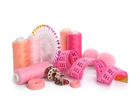 Set of sewing accessories on white background